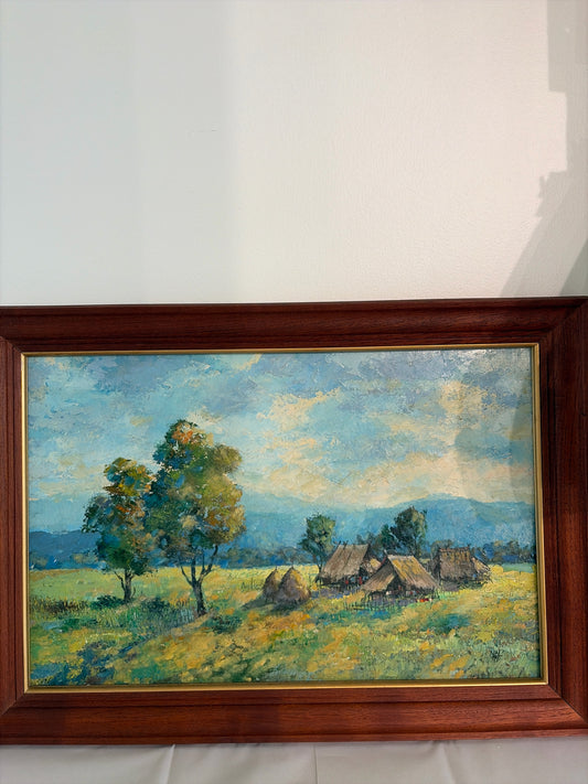 Original Signed Oil-Southern California w/Dwellings w/Gold Rim Wood Frame(30x21)