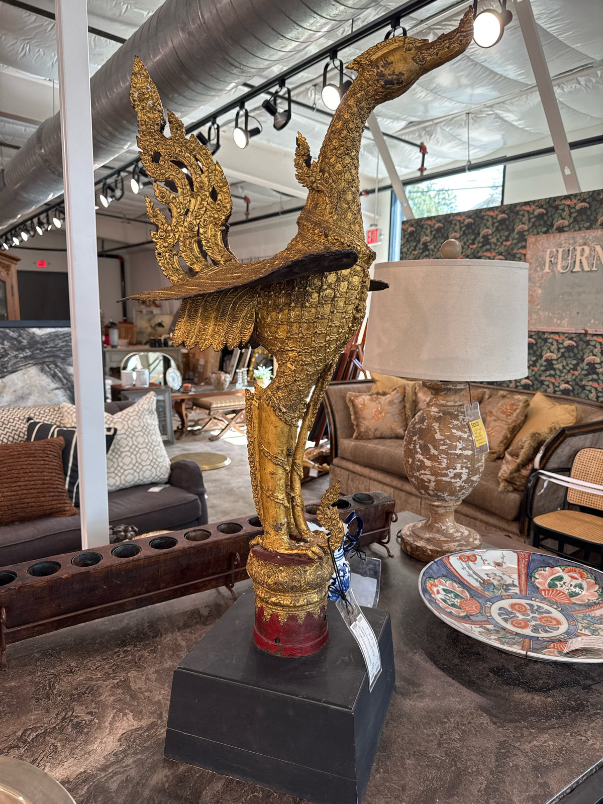 Vintage Bronze Thai Bird Sculpture Gold Gilt-Wood Base w/Clay/Metal Stand