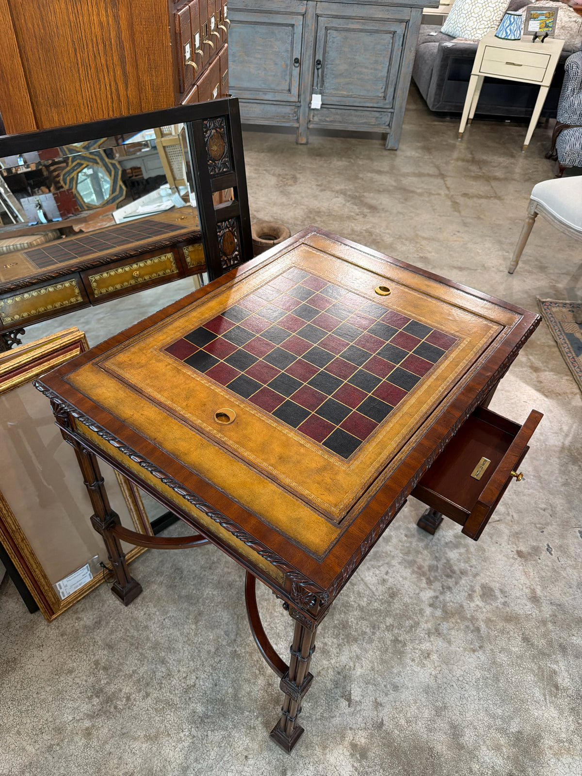 Maitland Smith Game Table w/ Chess & Checker Pieces - 2 Drawers