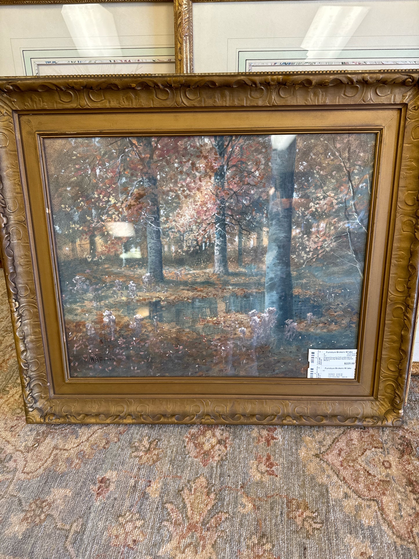 Original Gouache Fall Landscape in Gold Frame by William Eyden (signed, 26x22")