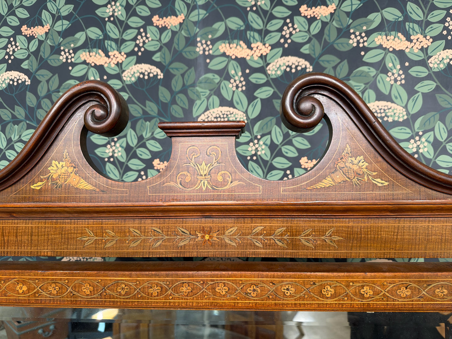 English Antique Pier Beveled Floor Mirror w/ Marquetry on Casters