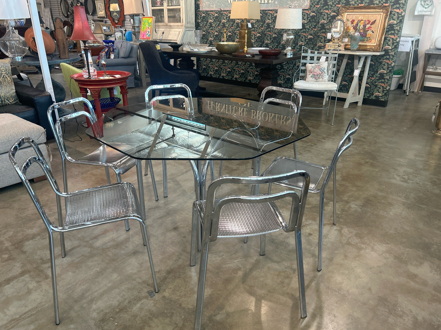 SET Vintage Octagon Smoky Glass Table & 6 Chrome Chairs