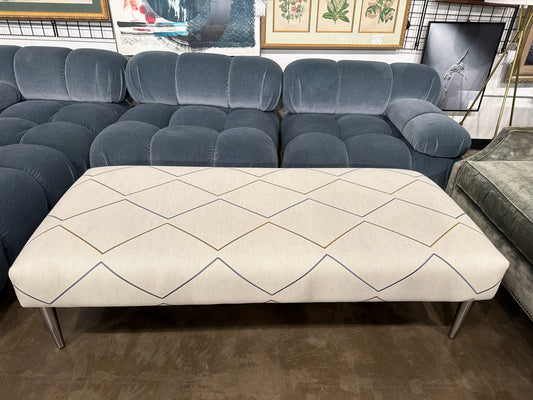 Annie Selke Ottoman w/ Performance Fabric White w/ Blue/Gold Diamond Pattern