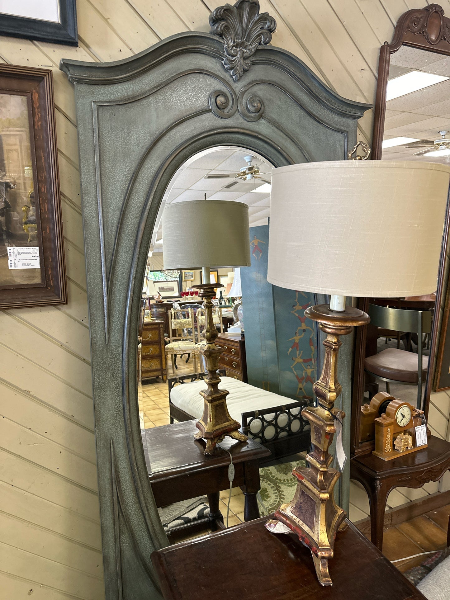 Blue Beveled Mirror w/ Carved Top Detail 37 x 84