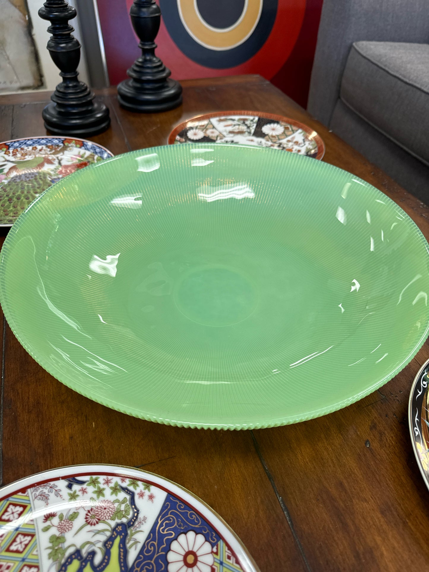 Murano Green Ribbed Crystal Bowl 16 1/2" (signed Yalos Casa Murano)