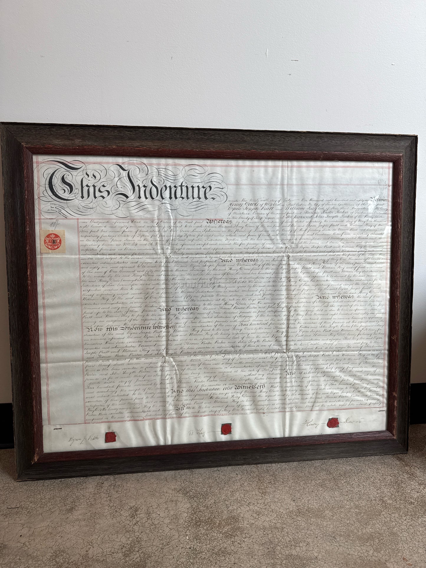 Framed 1881 Indenture Document with 3 Wax Seals, 26 x 31 1/2"