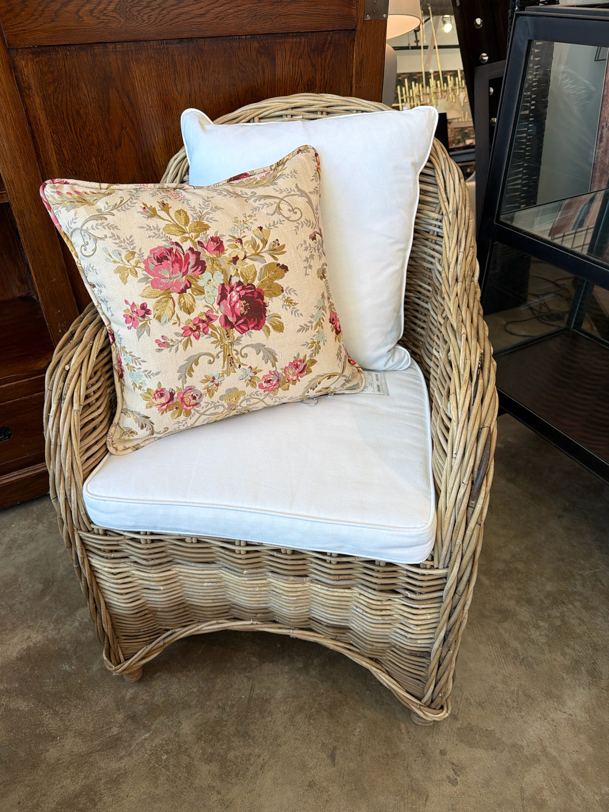 Birch Lane "Attina" Wicker Chair w/ White Custom Cushion & Pillow