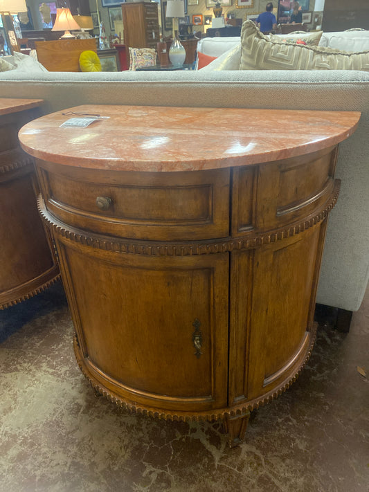 Demi Lune Brown Wood Night Stand Coral Marble Top
