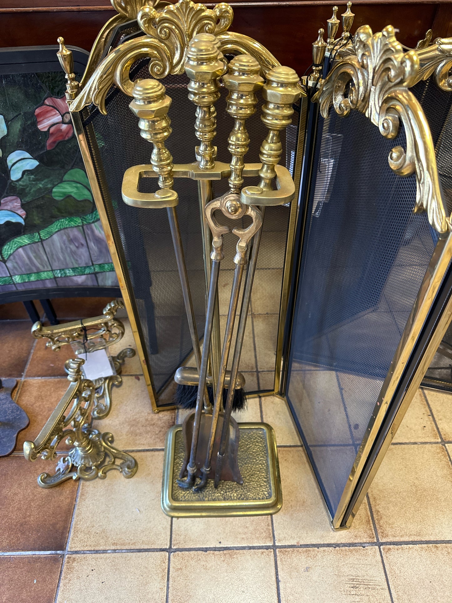 Antique Brass Fireplace Set