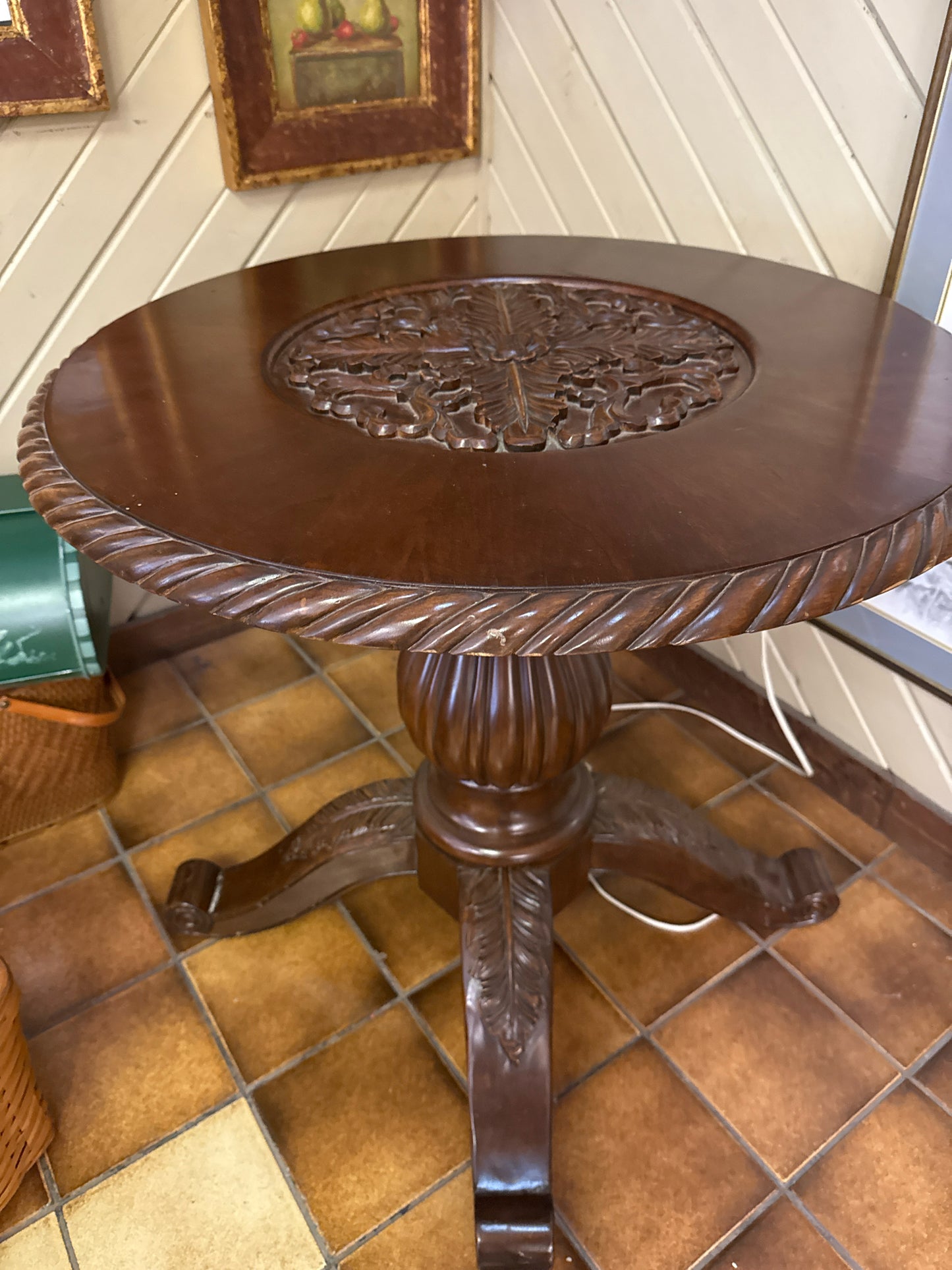 Round Dark Wood Table w/Carved Center 29"