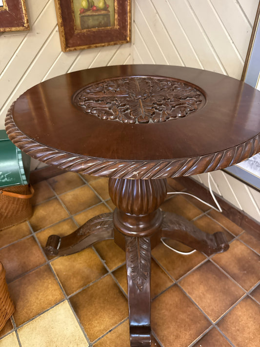 Round Dark Wood Table w/Carved Center 29"