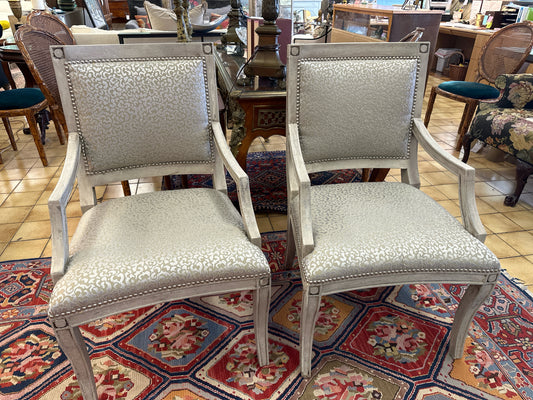 PAIR Grey Silk Upholstered Arm Chairs