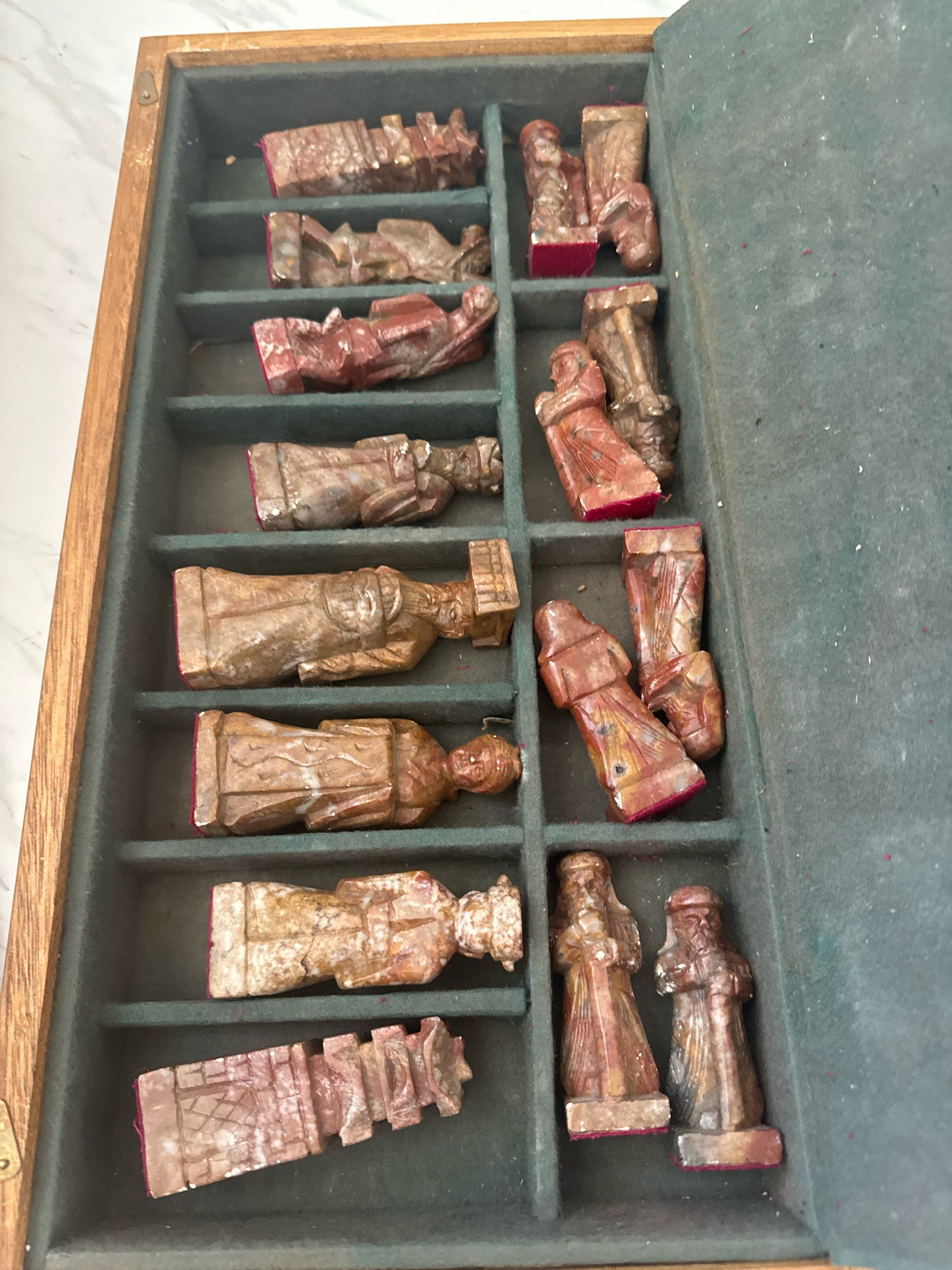 Chess Set w/Chinese Carved Stone-Box for Pieces and Boxes Make Chess Board