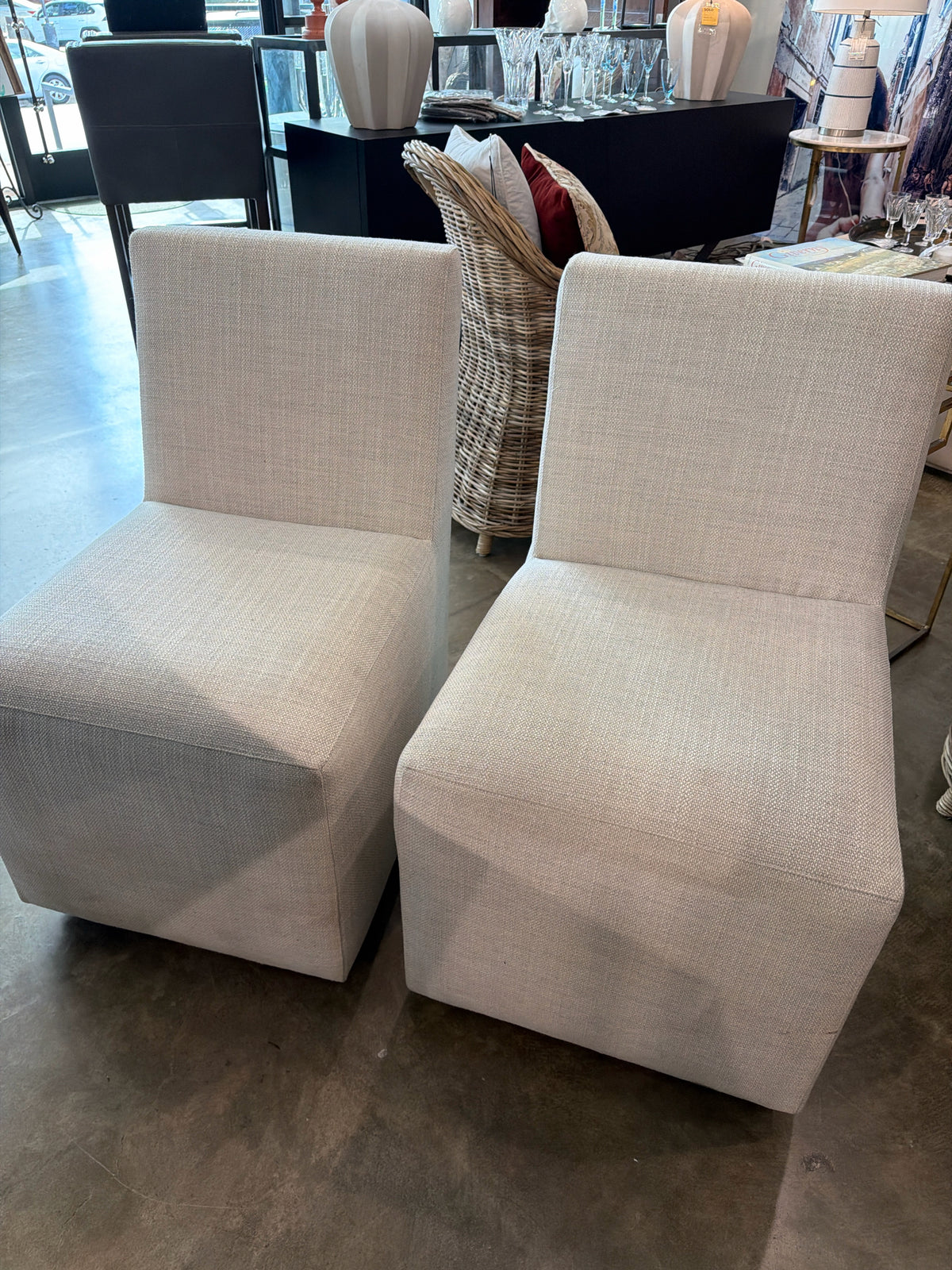 PAIR Off White Clothed End Chairs on Casters