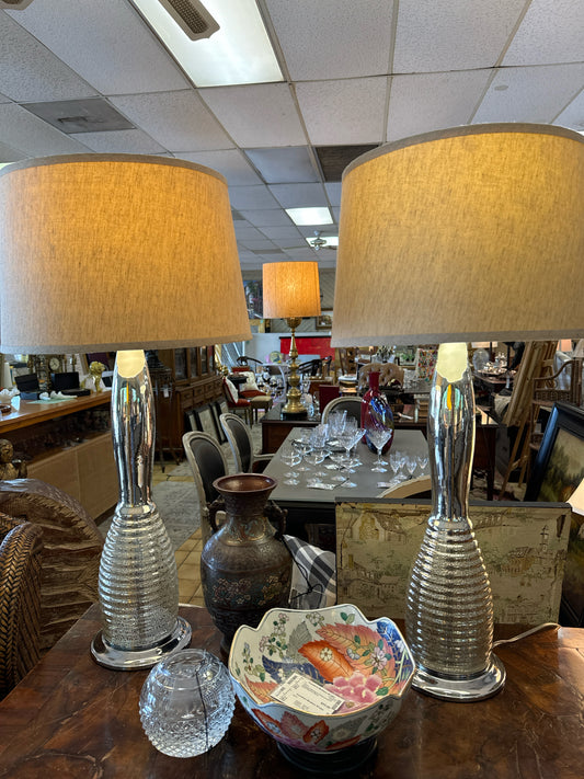 PAIR of Silver Mercury Glass Table Lamps with Linen Barrel Shades