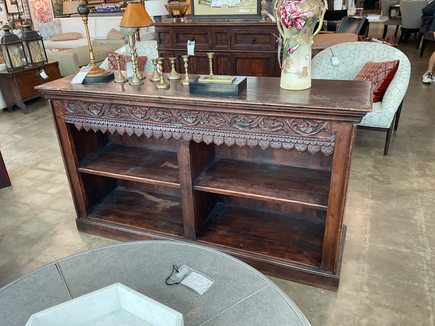 Carved Wood Open Shelf Console  64W x 17 1/2D x 36H