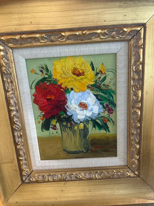 Signed  Oil Painting - Flowers In Vase With Gold Frame "16 X 18"