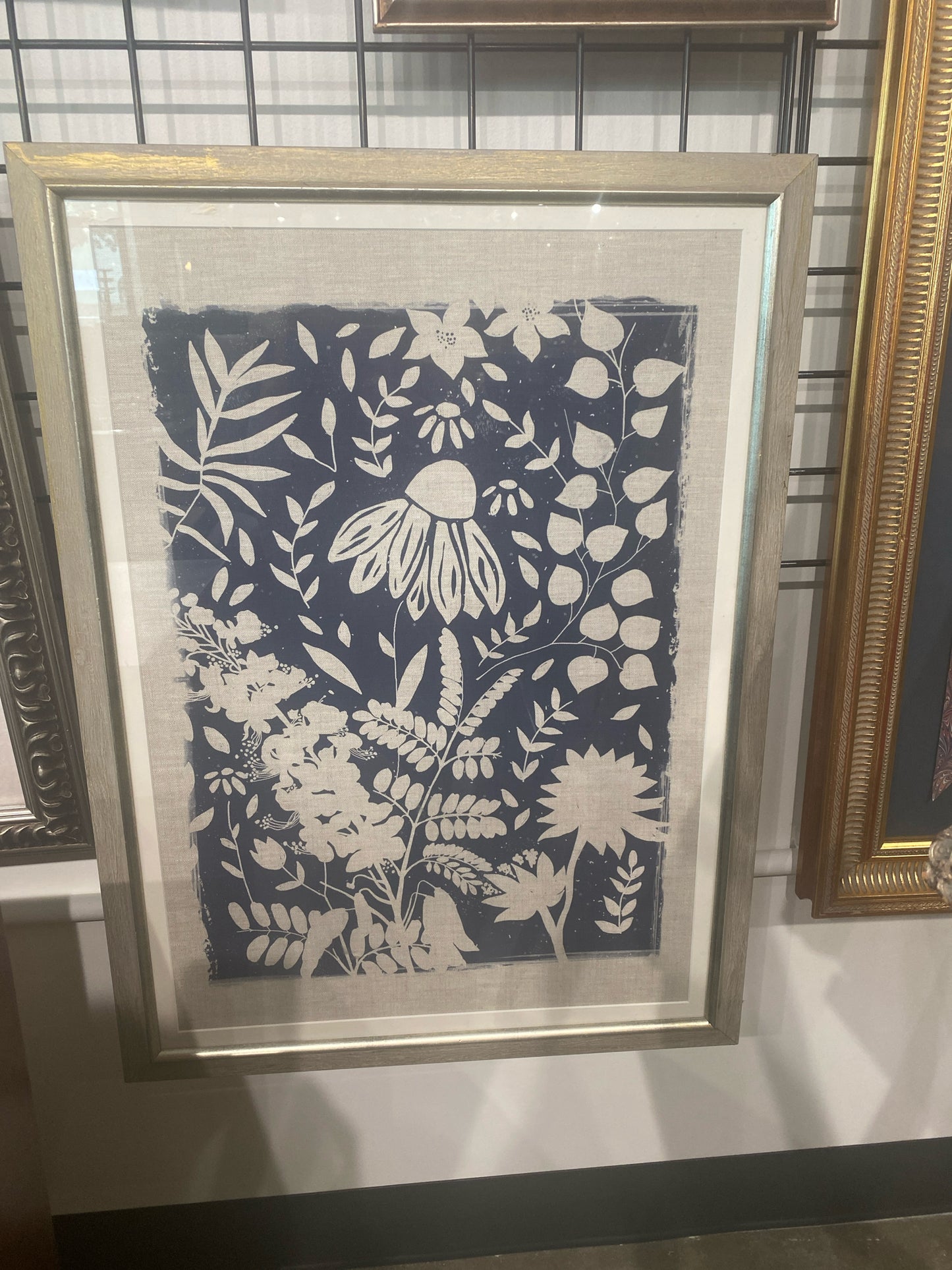 Linocut Florals Blu/ Silver Wood Fr Romanian Art Linen "Mind the Gap" (22"x 33")