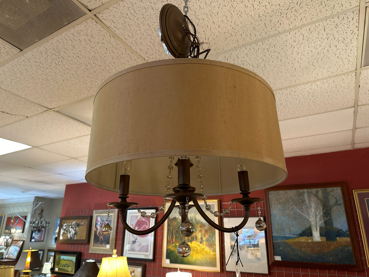 Gold Silk Drum Shade Chandelier Brown Metal & Drops