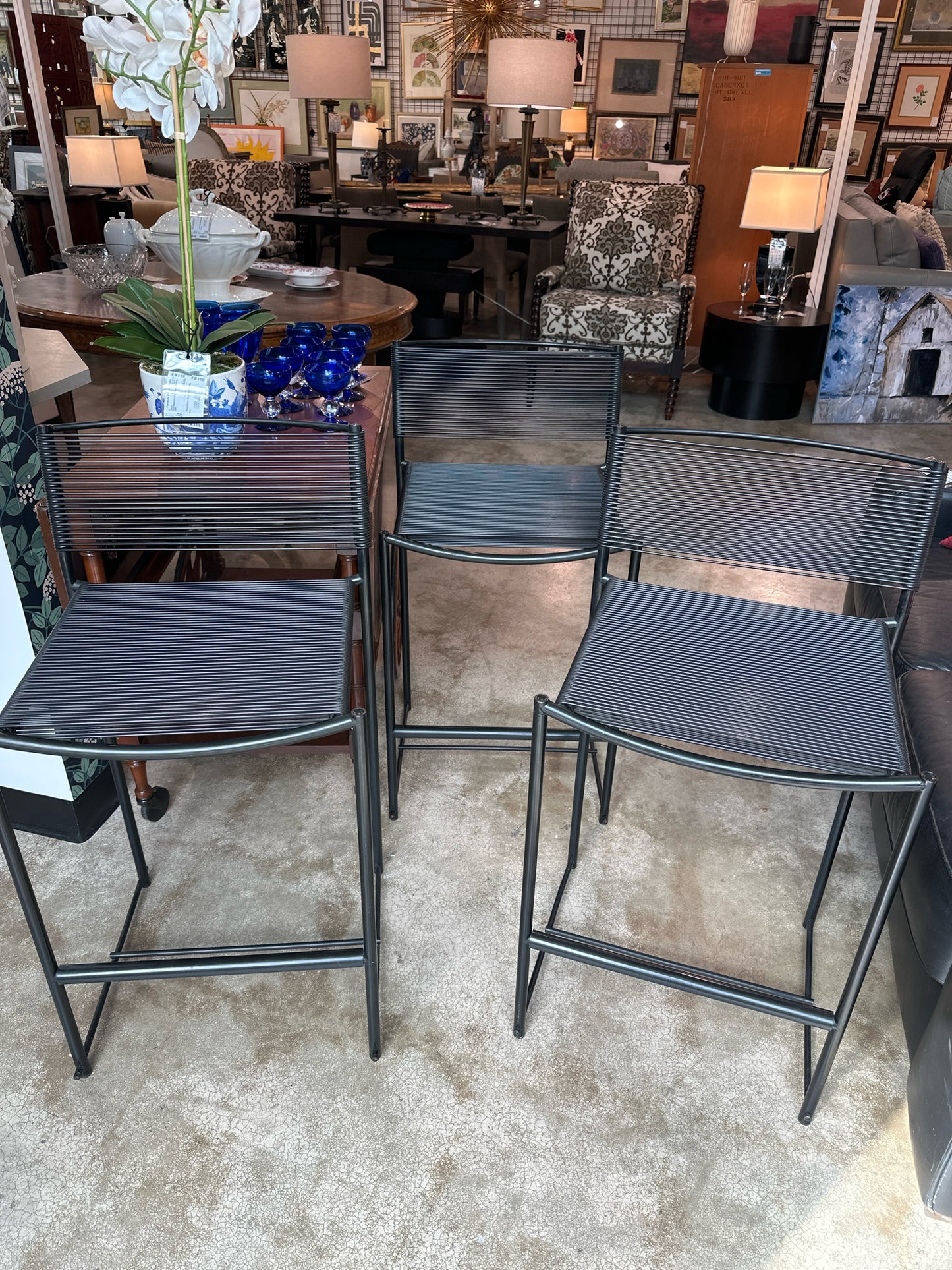 SET of 3 Giandomenico Belotti Alias Fly Line 1980's Black Spaghetti Barstsools