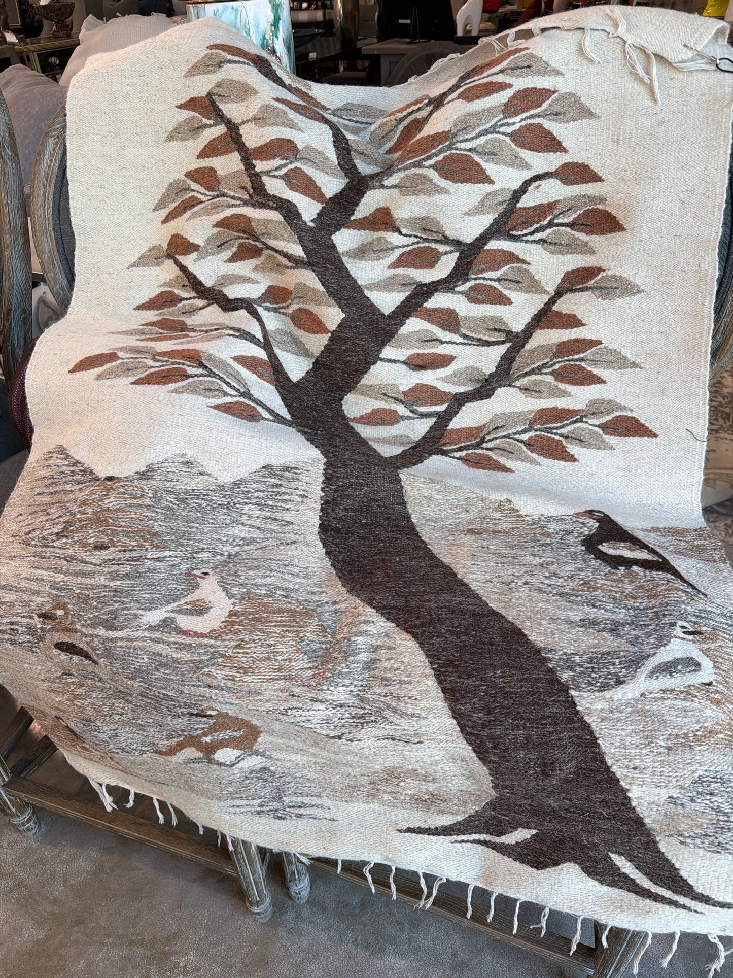Vintage Hand Woven Rug from Mexico with Tree 47 x 34