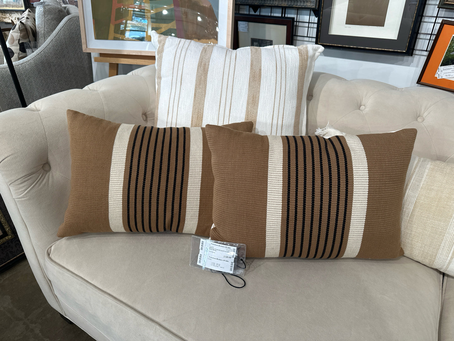 PAIR Four Hands Brown/Cream/Black Stripe Pillows