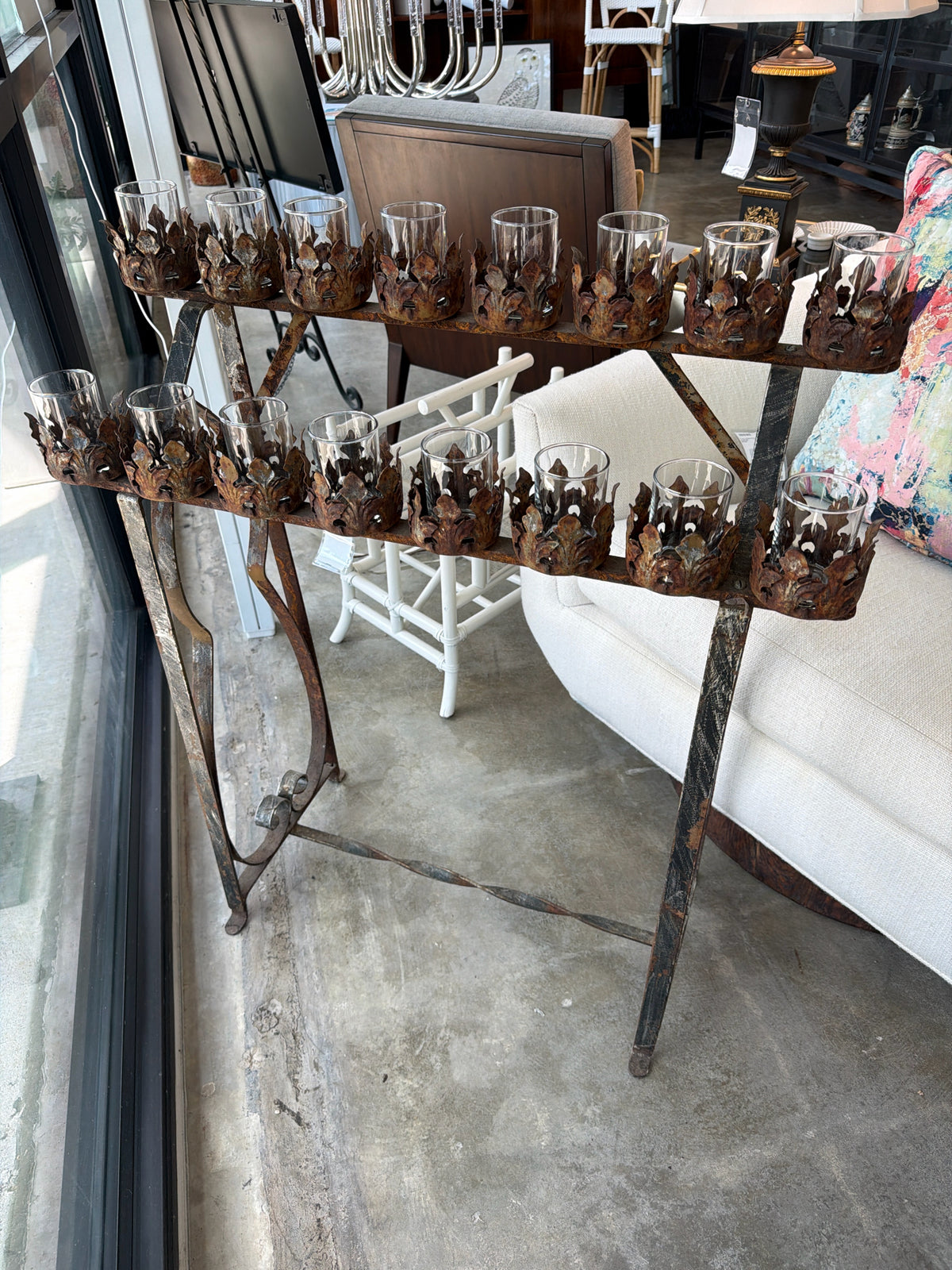 Vintage Iron Devotional Candelabra w/ Glass Votives