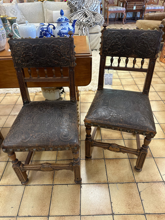 PAIR Antique Coat of Arms Chairs & Heavy Studded