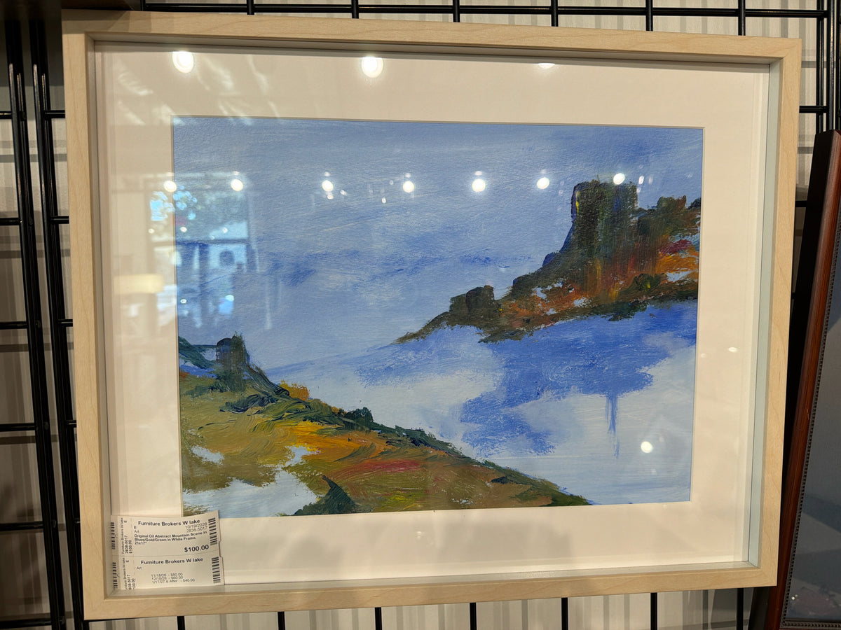 Original Oil Abstract Mountain Scene in Blues/Gold/Green in White Frame, 21x17"