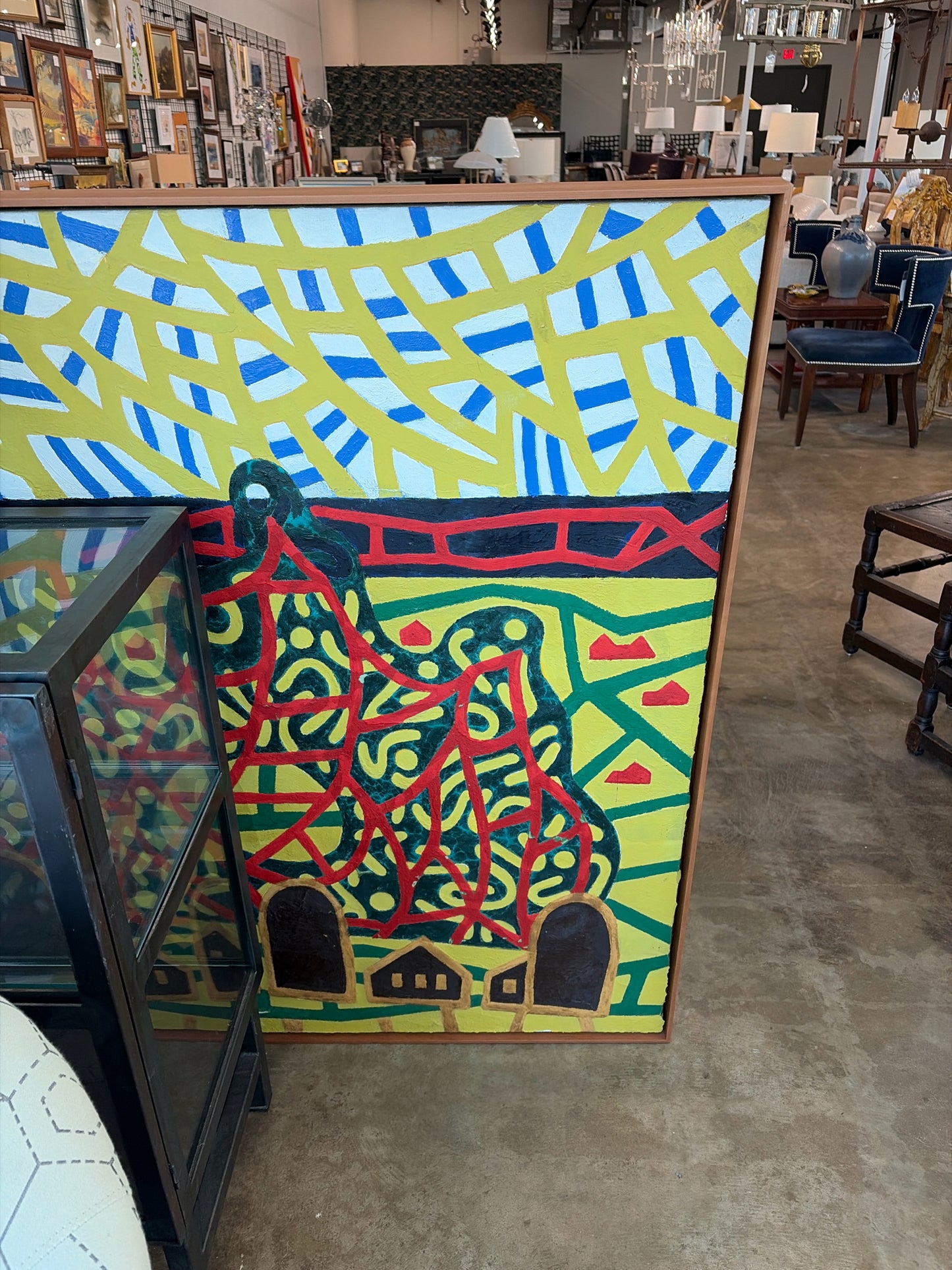 52 x 79 Neo-Expressionism /Pop Folk Art - Red Blue - Green Abstract Pale Frame