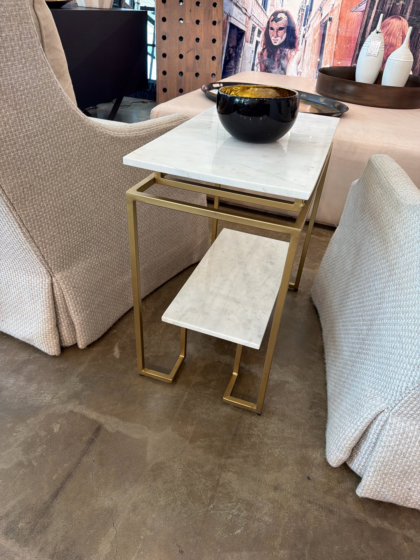 Faux Marble Side Table Brushed Gold Lower Shelf 24h X 24w X 14d