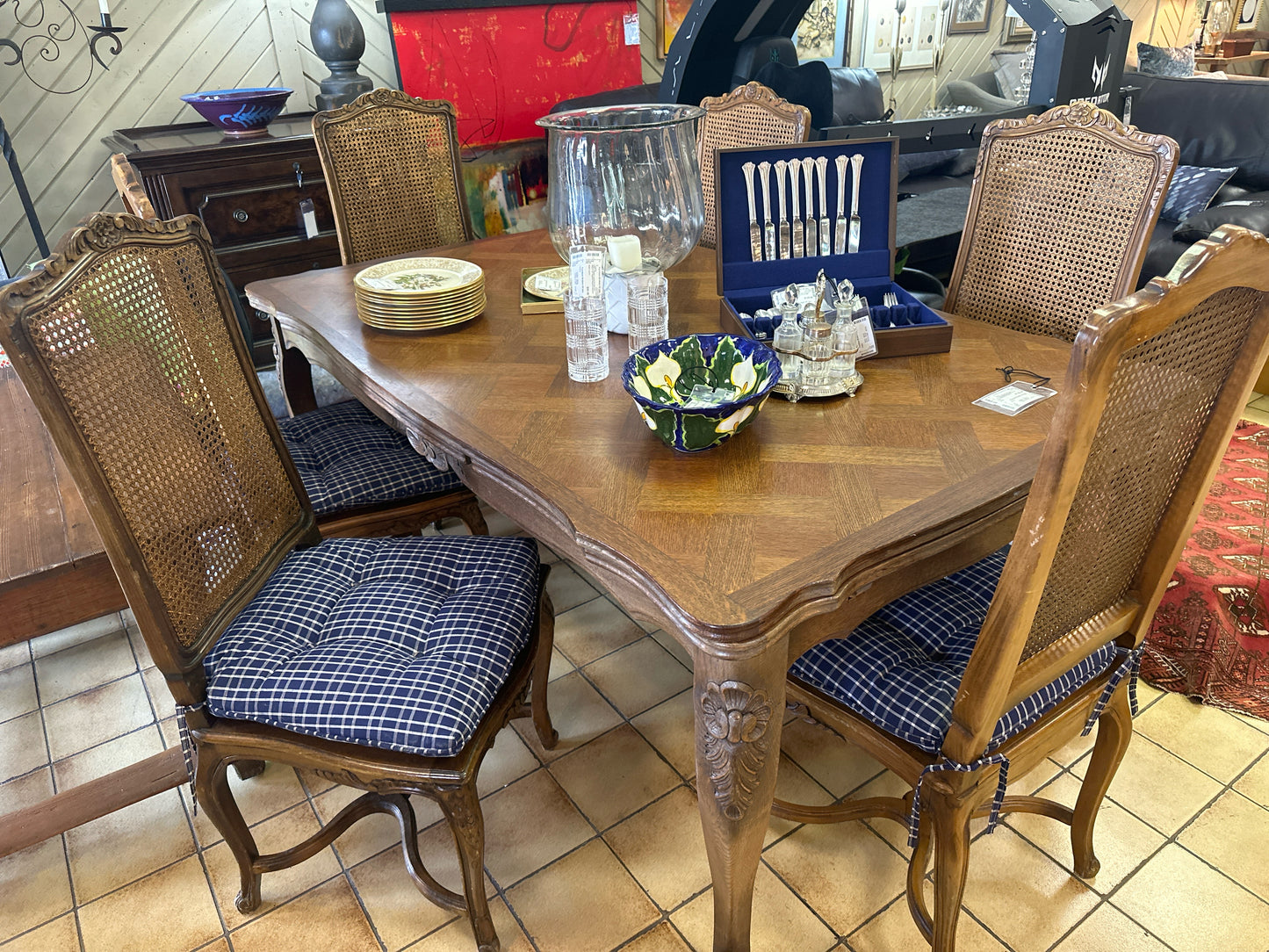 French Antique Oak Parquet Expandable Dining Table + 6 Cane Chairs Blue Cushions