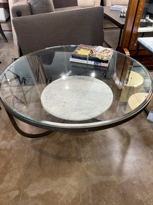 "Wilbur" Round Glass Coffee Table w/ Marble Lower Shelf 36d X 16h