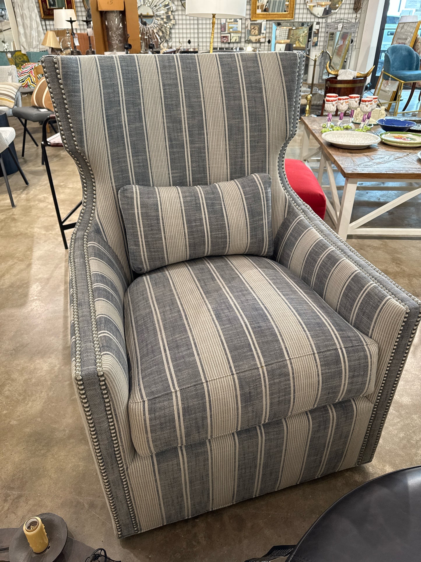 Wesley Hall Luna Swivel Chair in Blue-Gray/Tan Stripes (New)