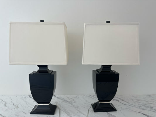 PAIR Black Onyx Glass Lamps w/ Square Silk Shades