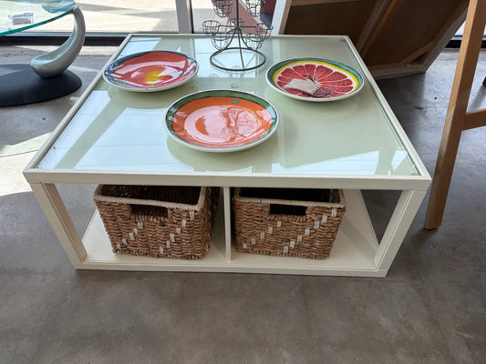 Pottery Barn Storage Coffee Table w/ Custom Glass Top Insert and Storage Cubes