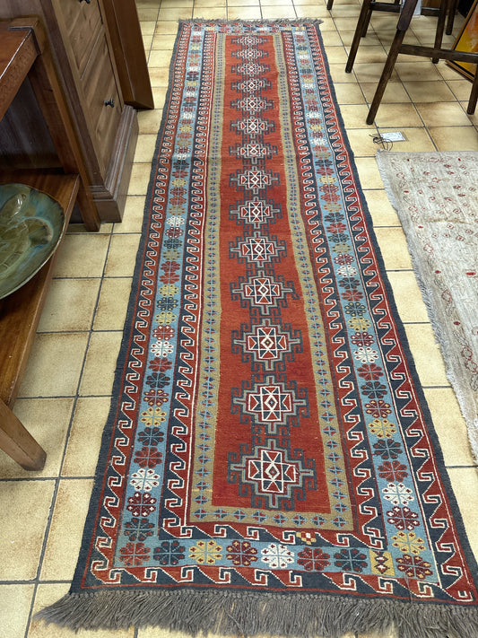 Handmade Wood Runner in Southwestern Blues and Reds, 32" x 112"