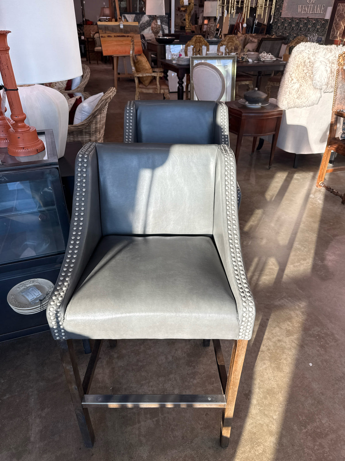Pair Gray Faux Leather Barstools w/Nailhead w/Wood Legs