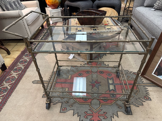 Aged Gold Bar Cart with Two Glass Shelves