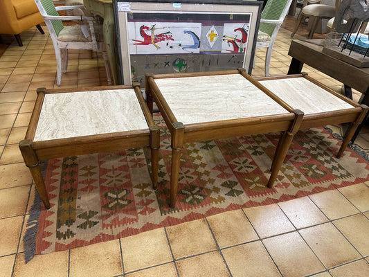 SET of 3 MCM Italian Marble Tops Wood Brass Detail Tables