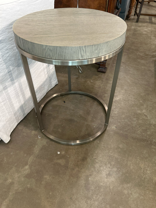 RH "Nicholas" Grey Oak Chrome Legs Round End Table