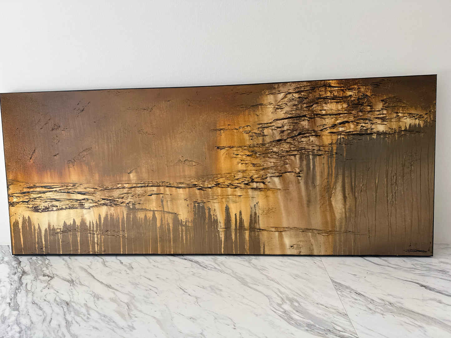 Original Oil Astract Painting in Gold/Taupe/Black (artist signed, 60" x 24")