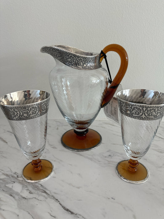 SET Antique Amber Silver Plate Trim Pitcher & 6 Glasses