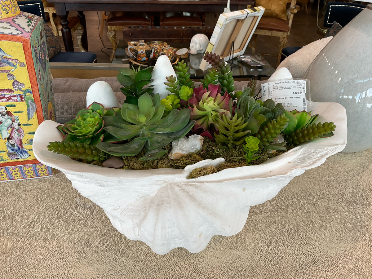 Faux Succulent Arrangement in Large White Clamshell Planter