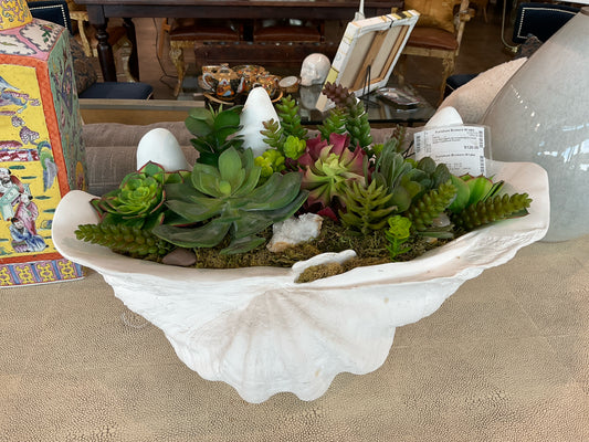 Faux Succulent Arrangement in Large White Clamshell Planter