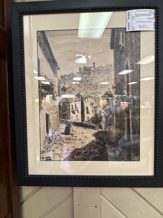 Juan Martin Hidalgo Black & White Watercolor of Spanish Street Scene (18"x 23")