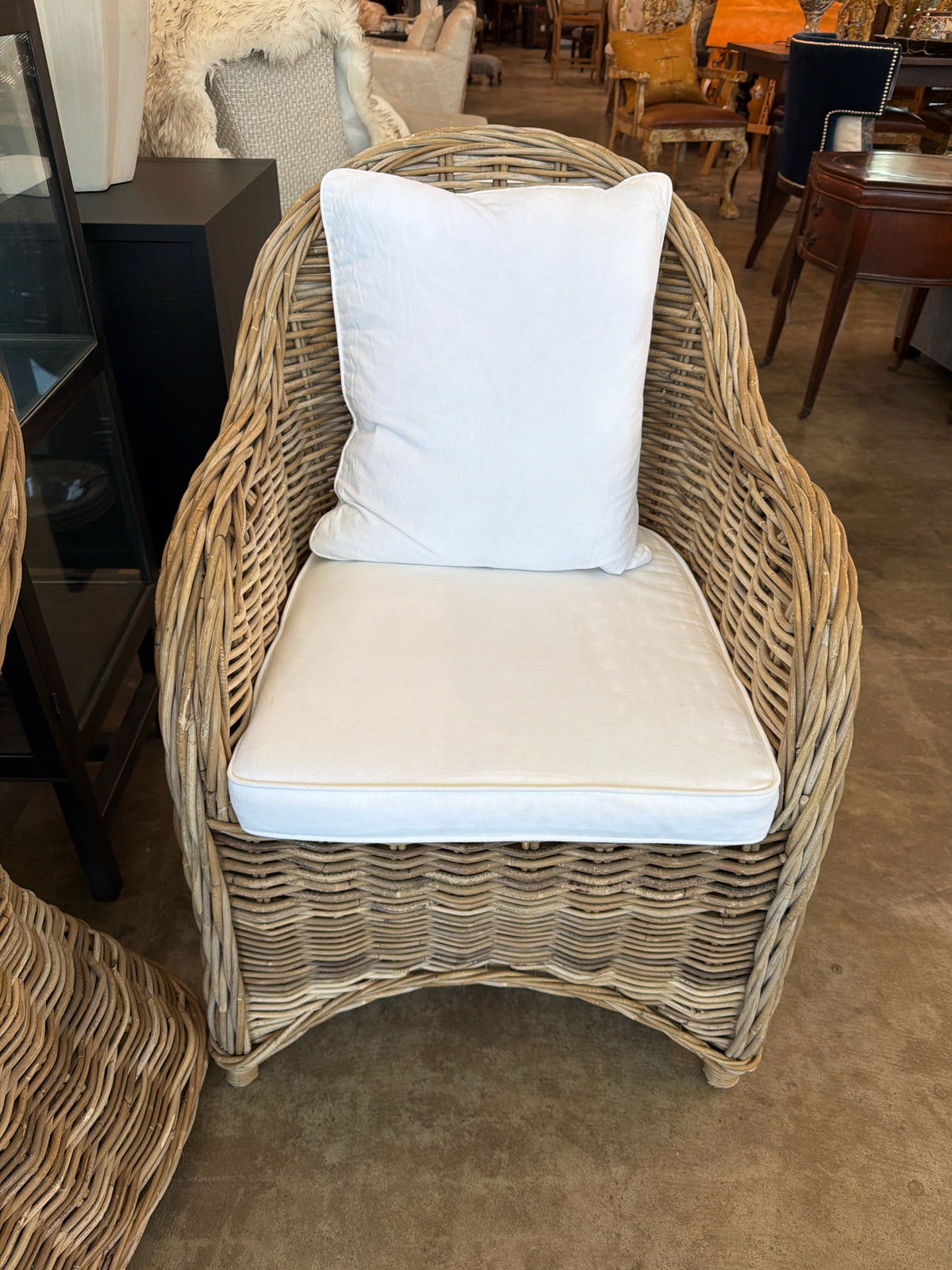 Birch Lane "Attina" Wicker Chair w/ White Custom Cushion & Pillow
