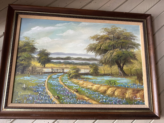 Original Oil Bluebonnet Field w/Dark Wood Frame (45x34")
