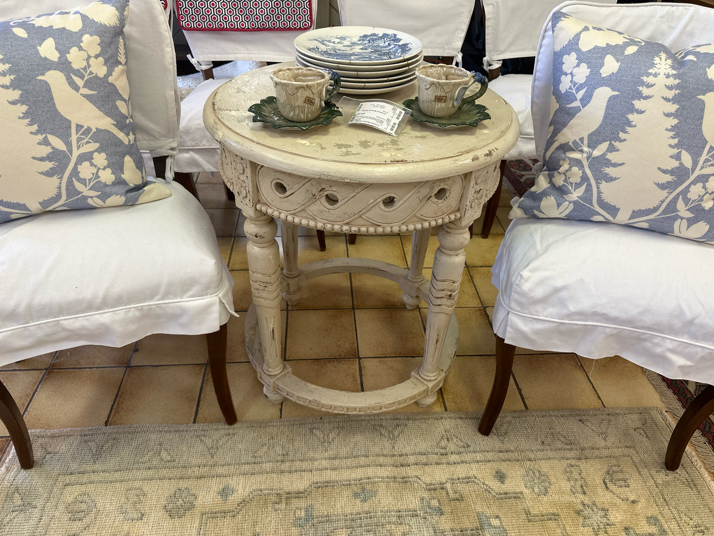 24" Round Cream Distressed Side Table