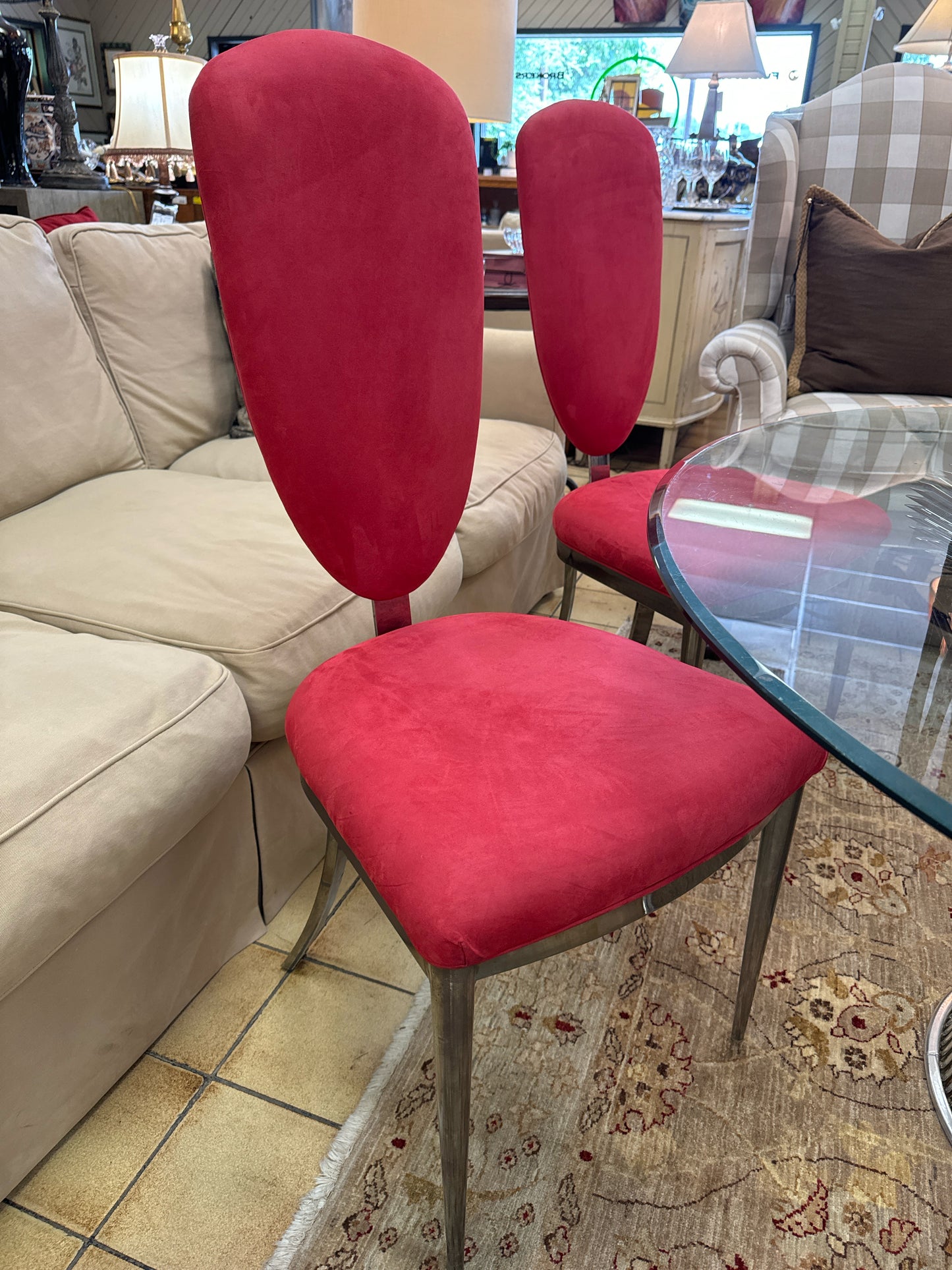 PAIR Vintage Post Modern Red Suede Dining Chairs by Design Institute of America